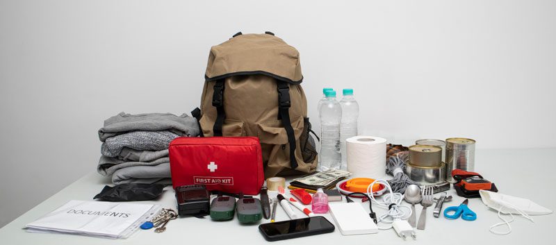 Items organized for an emergency backback
