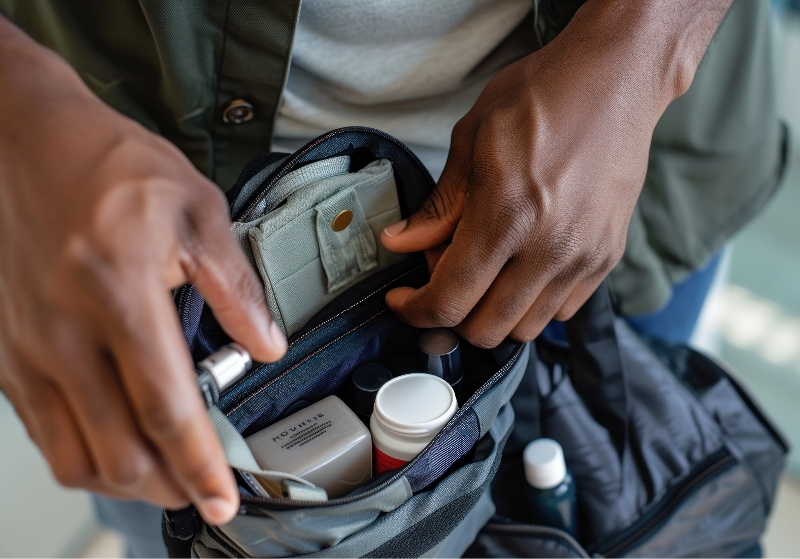 Man packing a travel-sized emergency kit