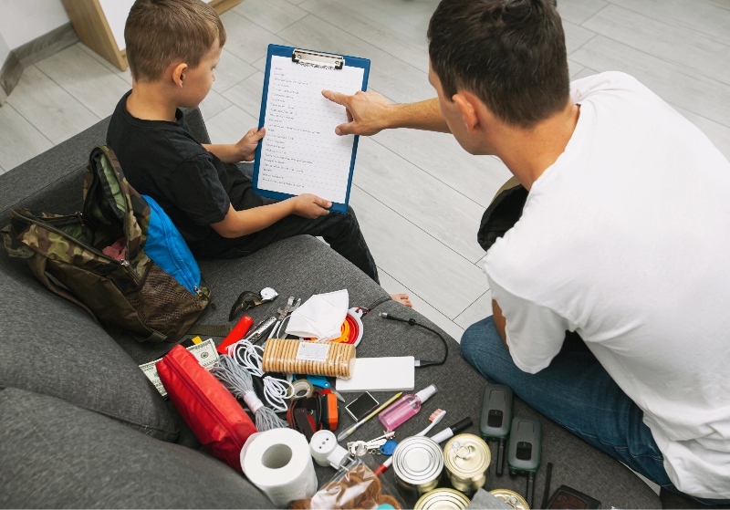 Father and son assemble the emergency evacuation bag together and put necessary items into backpacks