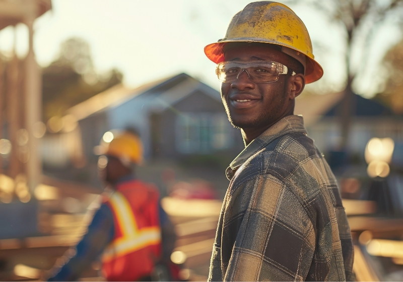 Multiethnic construction workers collaborating on a new home project