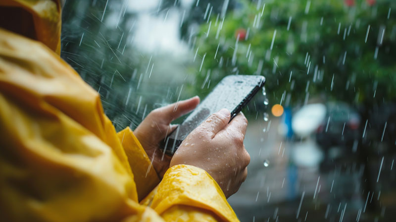 man in the rain looking at weather app on phone