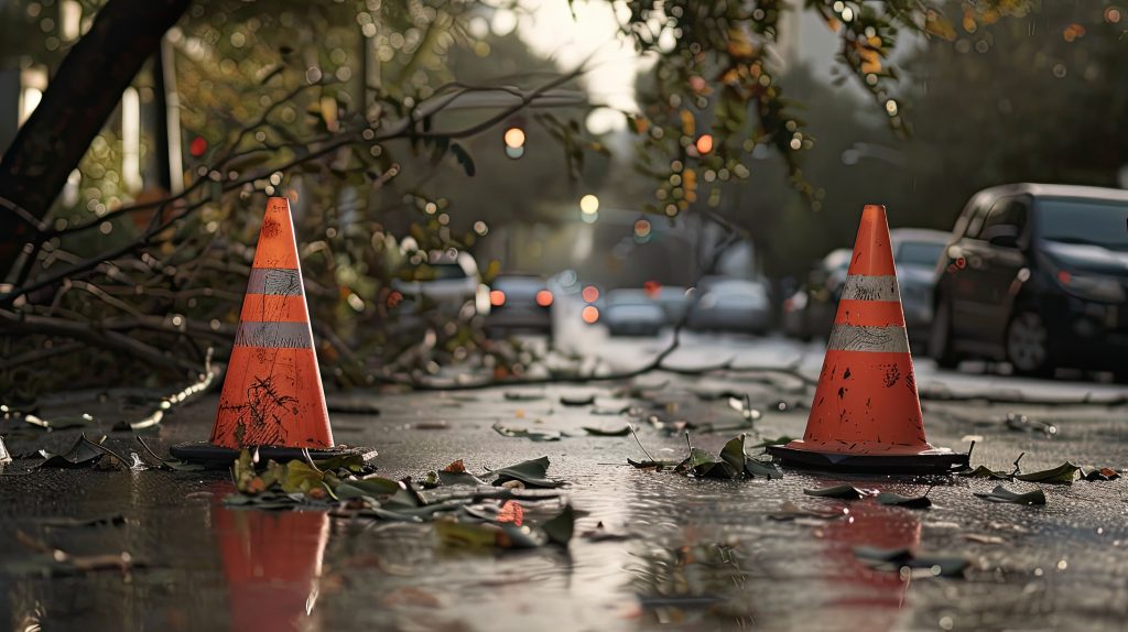 two cones on a wind blown street.