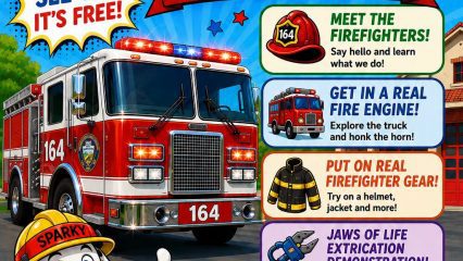 An event flyer for the San Bernardino County Fire Department Station 164 Open House on Saturday, October 10, 2026, from 8:00 AM to 12:00 PM at 1825 N. Campus Ave., Upland, CA 91786. The image features a large red fire truck (number 164), Sparky the Dalmatian mascot giving a thumbs-up, and the department logo against a bright sky background. The banner highlights that the event is free and fun for the whole family, advertising activities such as meeting firefighters, exploring a real fire engine and honking the horn, trying on firefighter gear, watching a Jaws of Life extrication demonstration, and meeting Sparky.