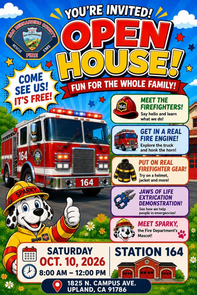 An event flyer for the San Bernardino County Fire Department Station 164 Open House on Saturday, October 10, 2026, from 8:00 AM to 12:00 PM at 1825 N. Campus Ave., Upland, CA 91786. The image features a large red fire truck (number 164), Sparky the Dalmatian mascot giving a thumbs-up, and the department logo against a bright sky background. The banner highlights that the event is free and fun for the whole family, advertising activities such as meeting firefighters, exploring a real fire engine and honking the horn, trying on firefighter gear, watching a Jaws of Life extrication demonstration, and meeting Sparky.