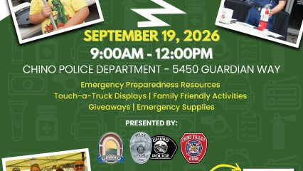 Event flyer for a community emergency preparedness fair in Chino with date, time, location, activities, presenters, and QR code for more information.