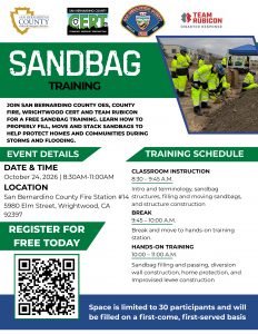 Flyer for free Sandbag Training on Nov. 7, 2026, from 3–5:30 p.m. in Wrightwood. Training covers how to fill, move and stack sandbags for storm and flood protection. Space is limited to 30 participants.