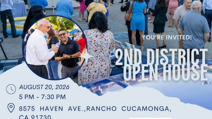 Promotional graphic for the 4th Annual 2nd District Open House. A large photo shows community members visiting booths and talking with County staff at an outdoor event, with a fire engine and vendor tents in the background. A circular inset photo shows Supervisor Jesse Armendarez speaking with an attendee. Text reads: "You're Invited! 2nd District Open House." Event details: August 20, 2026, 5:00–7:30 p.m., 8575 Haven Ave., Rancho Cucamonga, CA 91730. A QR code and the words "Scan to RSVP" appear at the bottom.