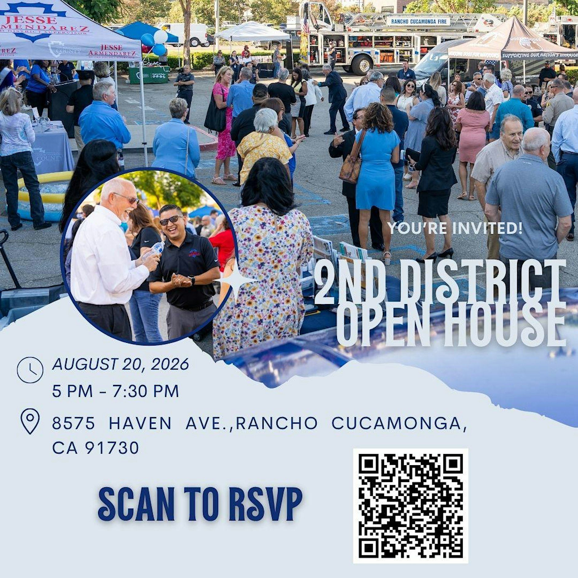 Promotional graphic for the 4th Annual 2nd District Open House. A large photo shows community members visiting booths and talking with County staff at an outdoor event, with a fire engine and vendor tents in the background. A circular inset photo shows Supervisor Jesse Armendarez speaking with an attendee. Text reads: "You're Invited! 2nd District Open House." Event details: August 20, 2026, 5:00–7:30 p.m., 8575 Haven Ave., Rancho Cucamonga, CA 91730. A QR code and the words "Scan to RSVP" appear at the bottom.